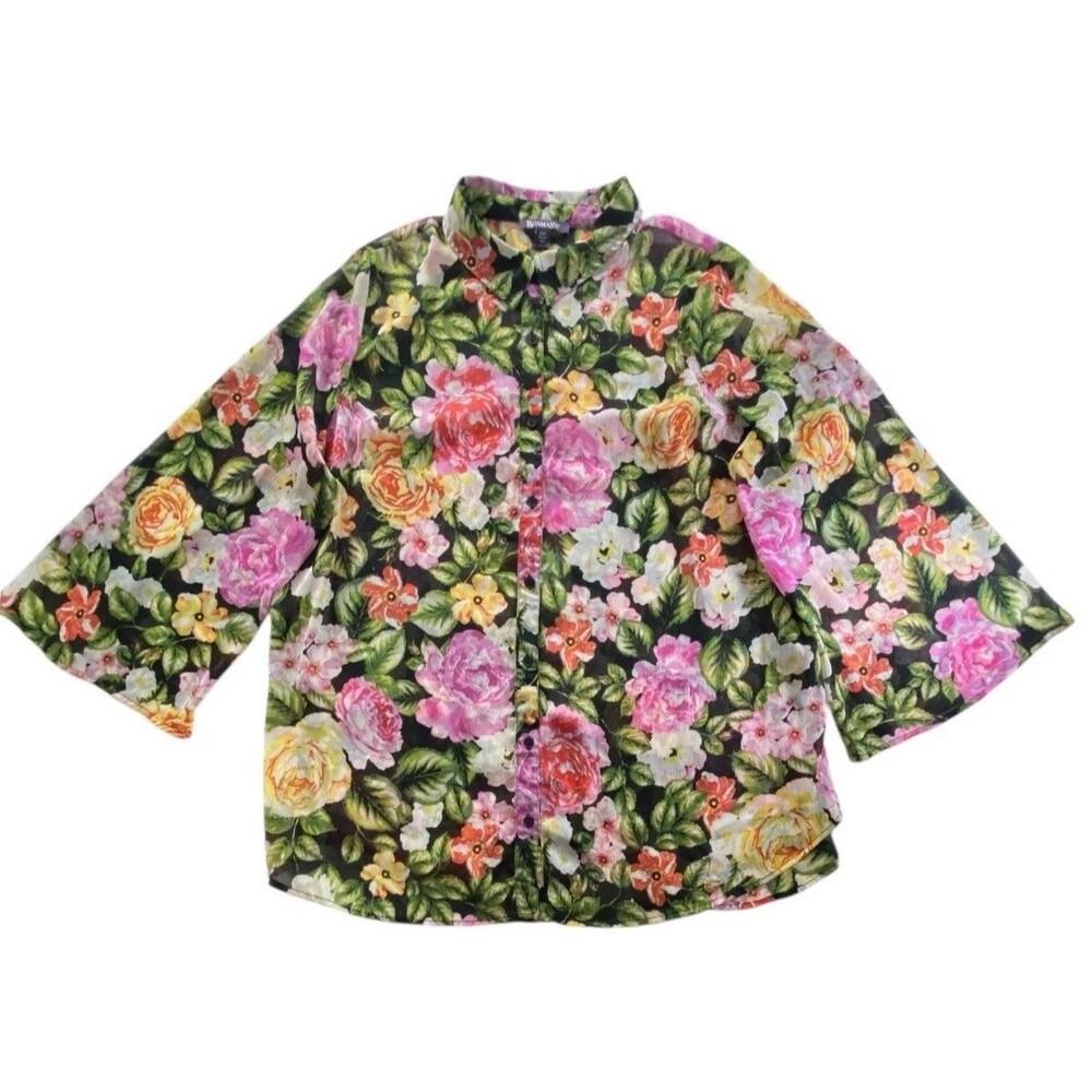 Roaman’s Women’s 20W Floral Sheer Blouse Button Front 3/4 Bell Sleeve Plus